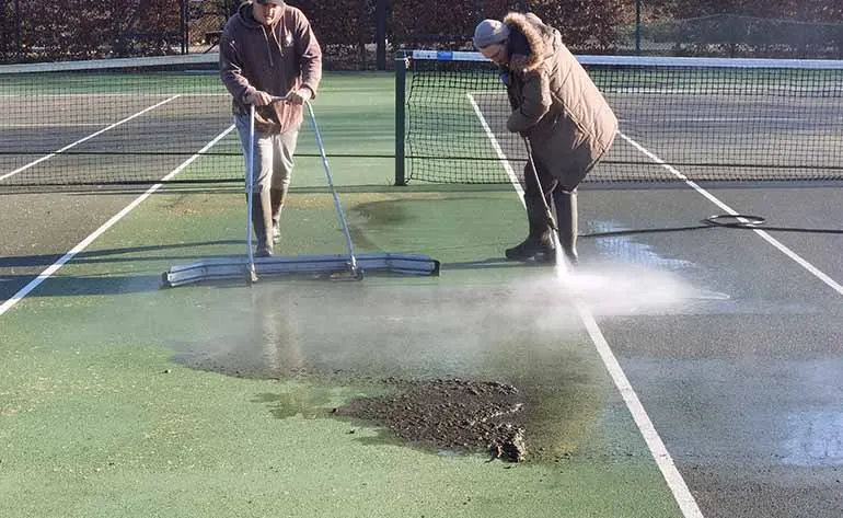 initial step in tennis court cleaning is a comprehensive inspection to identify areas requiring cleaning