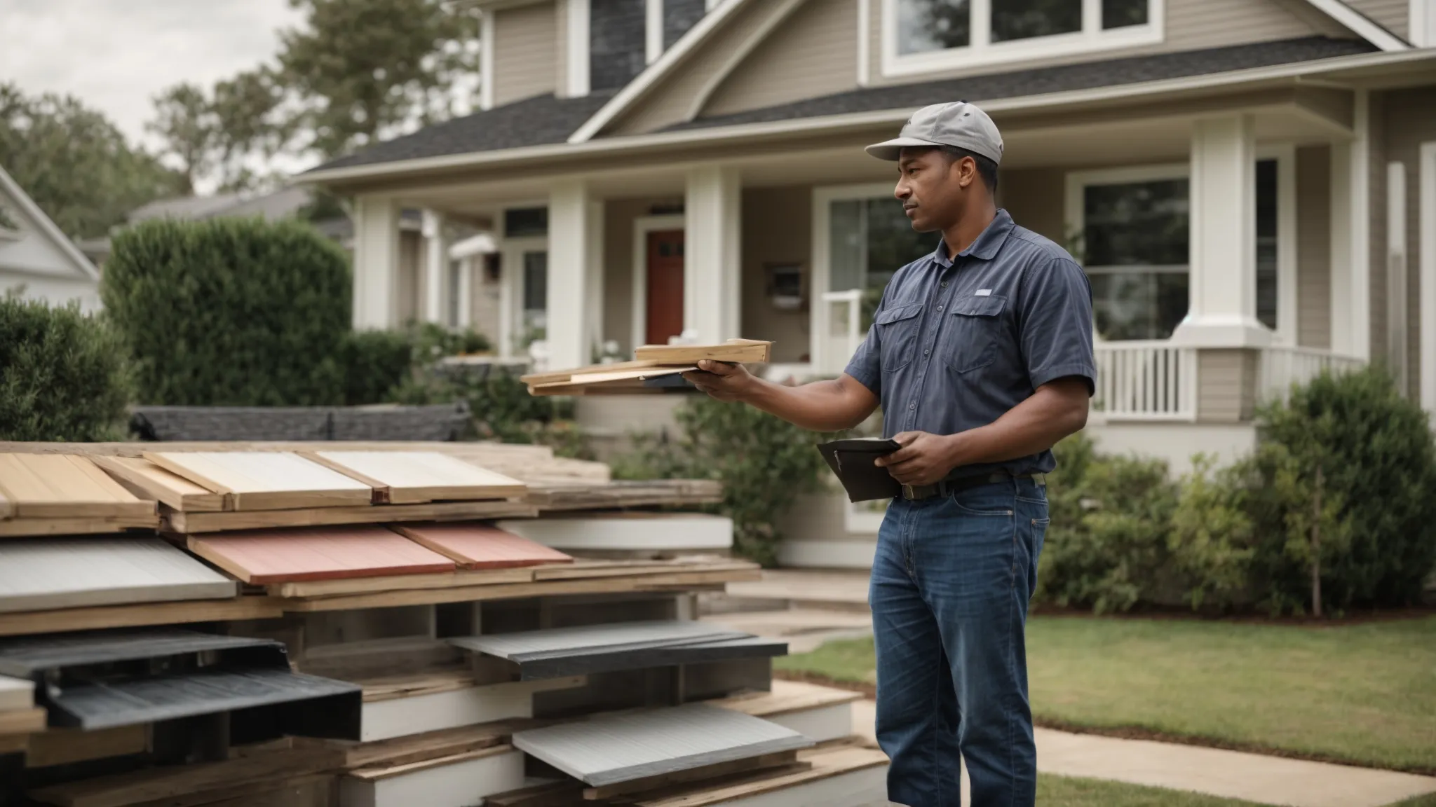 a contractor displays various siding samples in front of a house, discussing options with a homeowner.