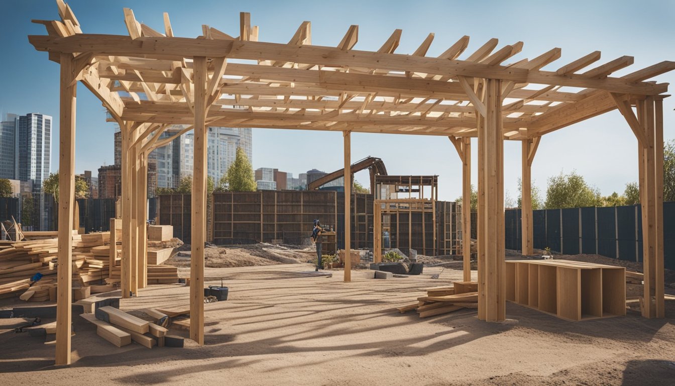 A wooden pergola being built with tools and materials scattered around the construction site