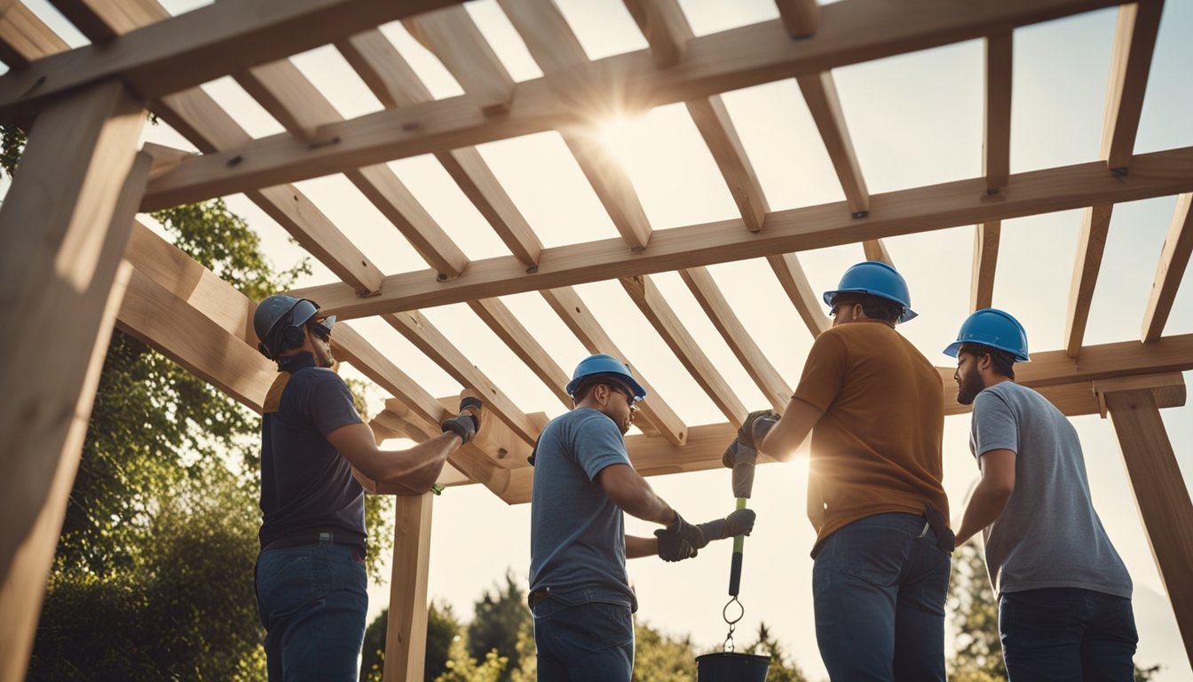 A team of workers constructs a wooden pergola in a backyard, using tools and materials to create a sturdy and stylish outdoor structure