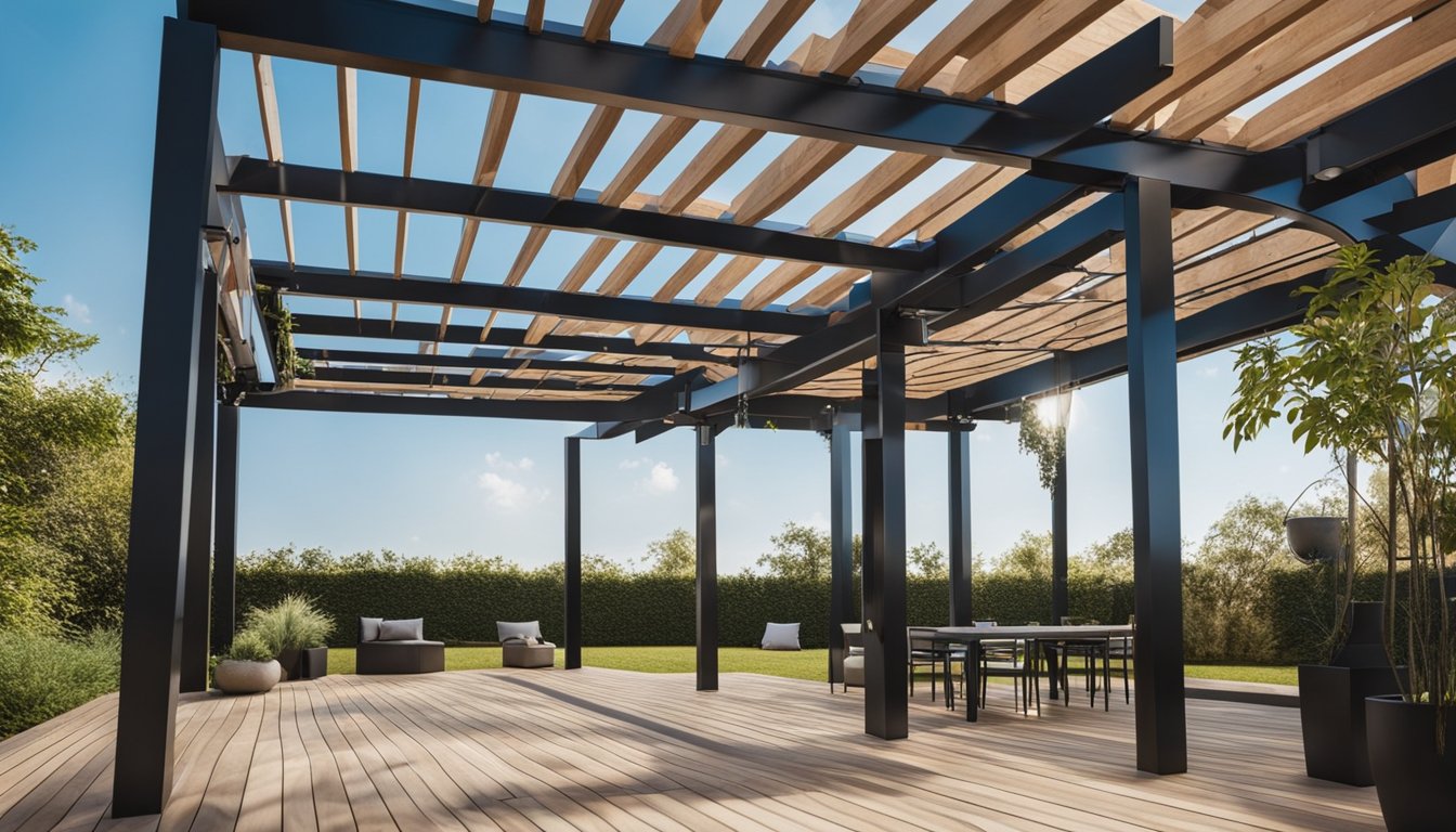 A pergola being constructed with customizable features and accessories