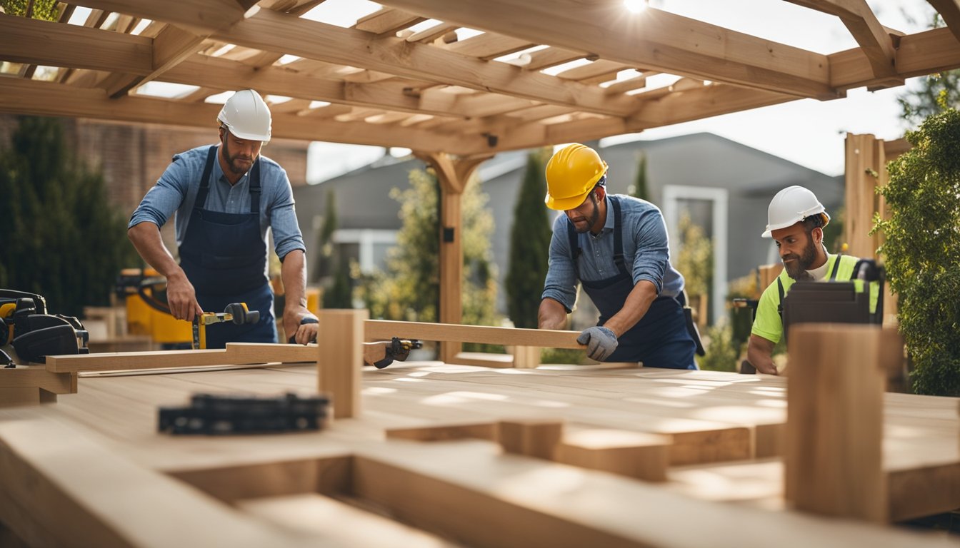 A pergola being constructed with tools and materials scattered around, a blueprint on a table, and workers measuring and cutting wood