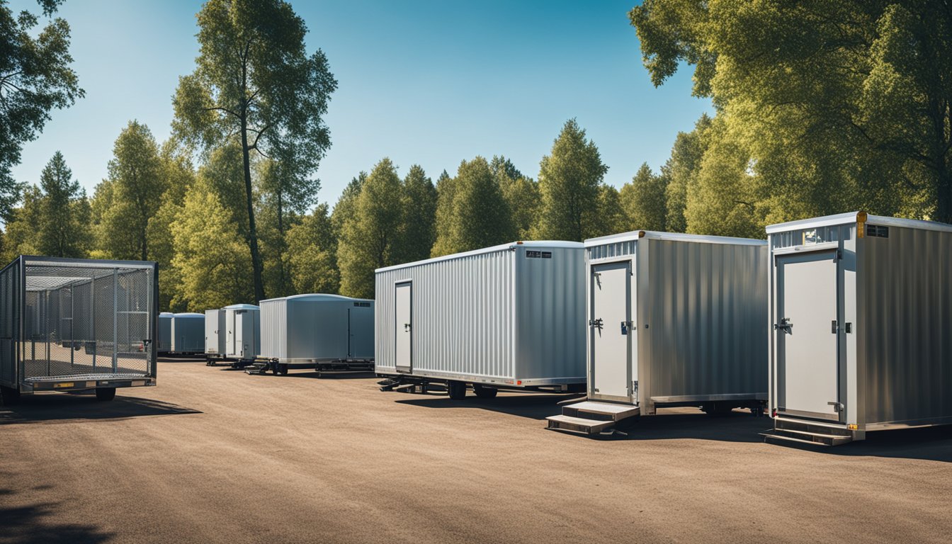 A fenced outdoor storage facility with various sizes of trailers parked neatly in designated spaces, surrounded by trees and a clear blue sky