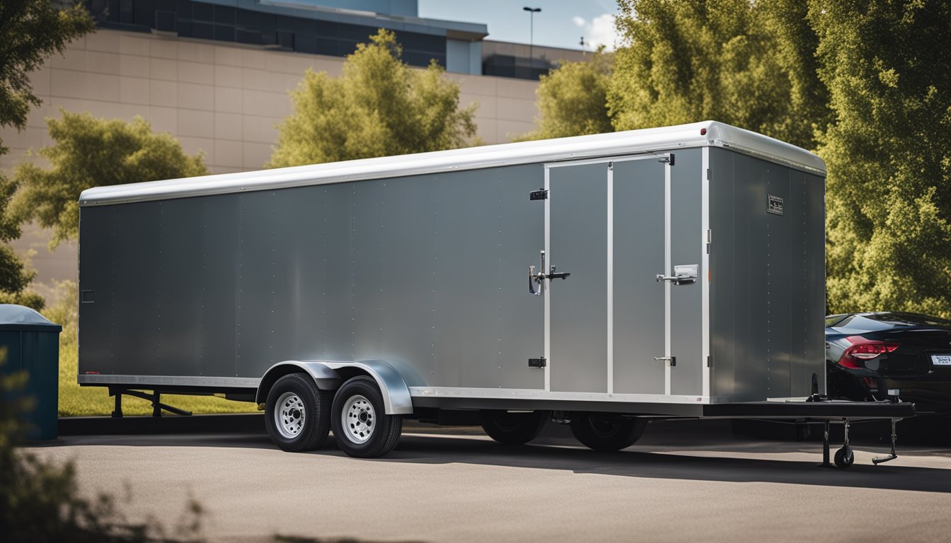 A trailer parked in a secure outdoor storage facility, covered with a protective tarp and secured with wheel chocks and a hitch lock