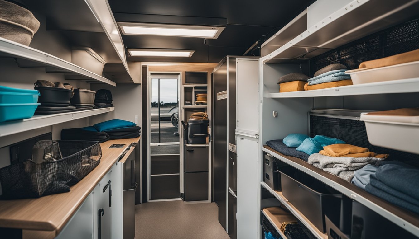 An RV parked in a tidy outdoor storage lot, with carefully organized bins, shelves, and hooks maximizing the available space