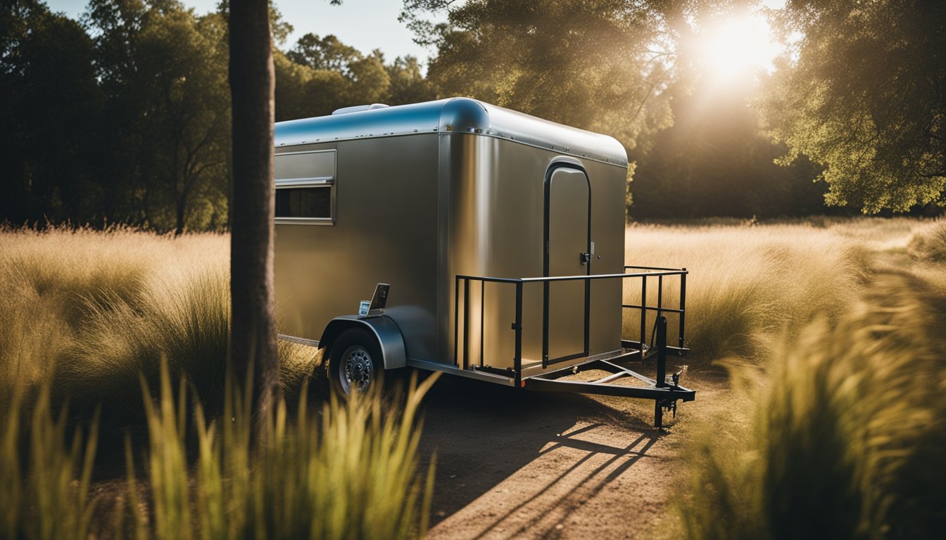 A trailer sits in outdoor storage, surrounded by tall grass and trees. A lock secures the gate, and the sun casts shadows across the metal exterior