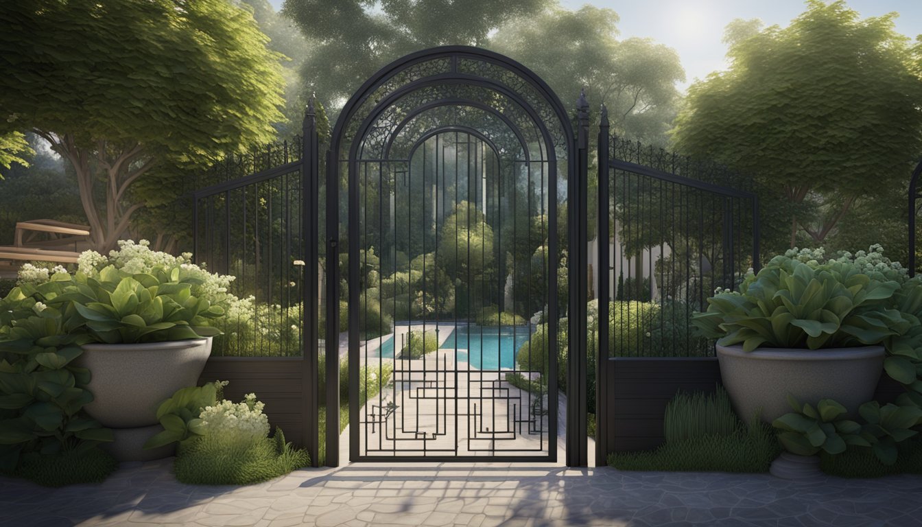 A tall wrought iron fence encloses a lush garden, while a shorter, more decorative fence borders a patio. A third, sturdy fence surrounds the perimeter, providing maximum security