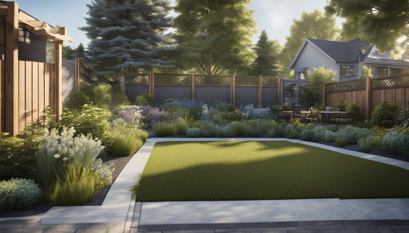 A suburban backyard with three types of fencing: chain link, wooden, and metal. Each fence surrounds a different section of the yard, providing privacy and security for the home