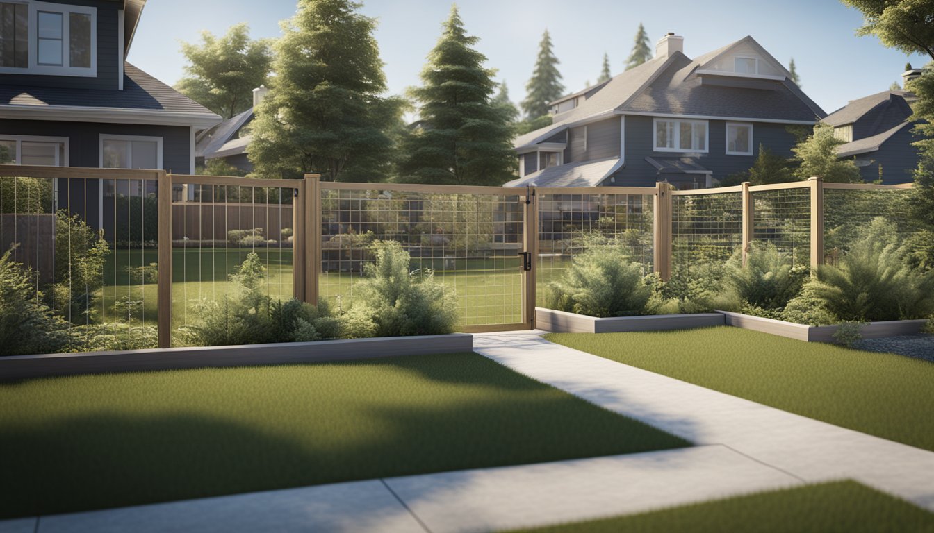 A suburban backyard with three different types of fences - wooden, chain-link, and vinyl - surrounding the perimeter, each representing a different option for privacy and security