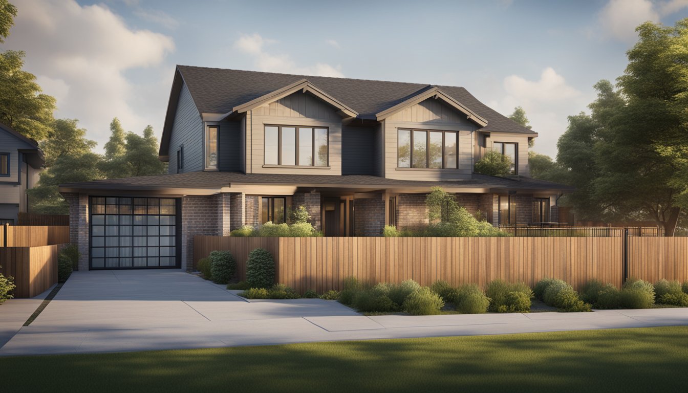 A suburban home surrounded by tall wooden, chain-link, and brick fences, each providing different levels of privacy and security