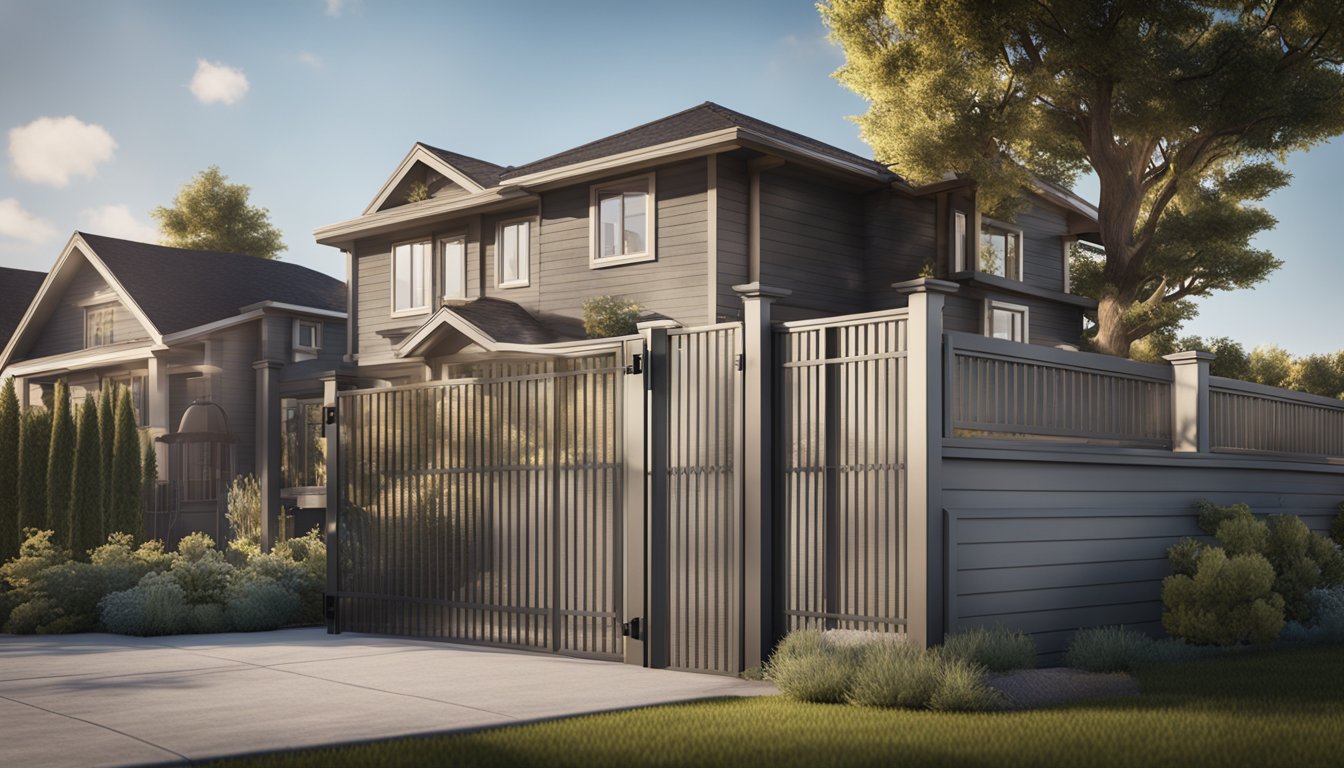 A suburban home with three different types of fencing: wooden privacy fence, chain-link security fence, and decorative iron fence