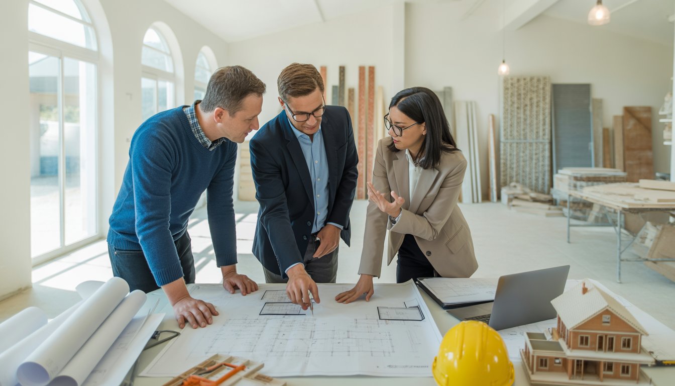 Three people discussing blueprints and house plans around a table in a bright office with building materials and a house model in the background.