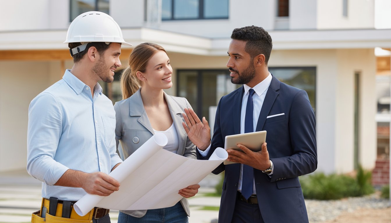 A builder, a couple, and an advisor discussing plans in front of a newly built house.
