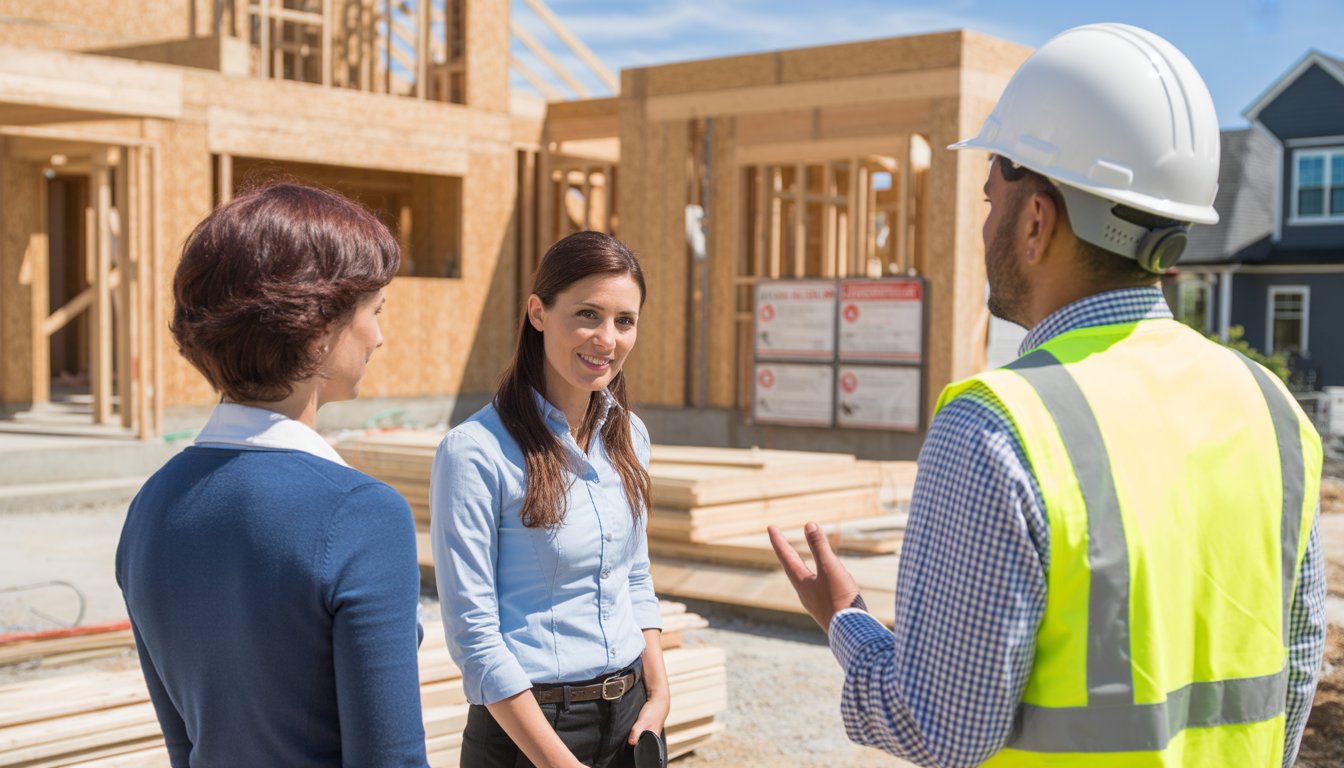 People visiting a residential construction site with a construction manager explaining building practices near a partially built house.
