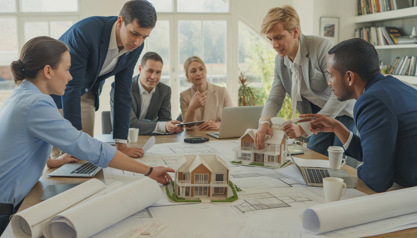 A group of professionals discussing home blueprints and 3D models around a table in a bright office.