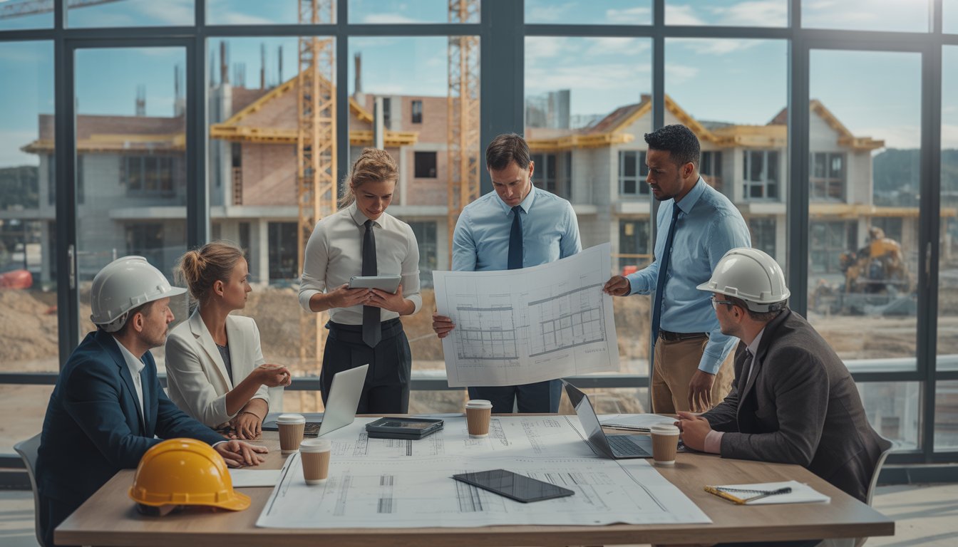 A group of construction professionals and project managers reviewing blueprints and cost charts in an office with a construction site visible through large windows.