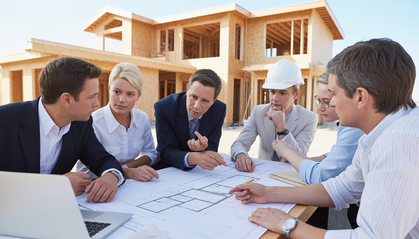 A group of people reviewing blueprints at a construction site with a partially built house in the background.