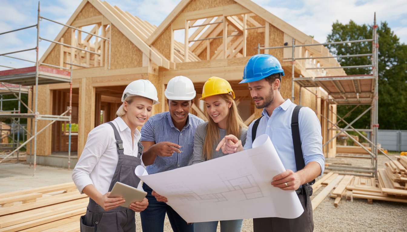 A group of people reviewing blueprints and discussing plans at a house construction site with wooden framing and construction materials around them.