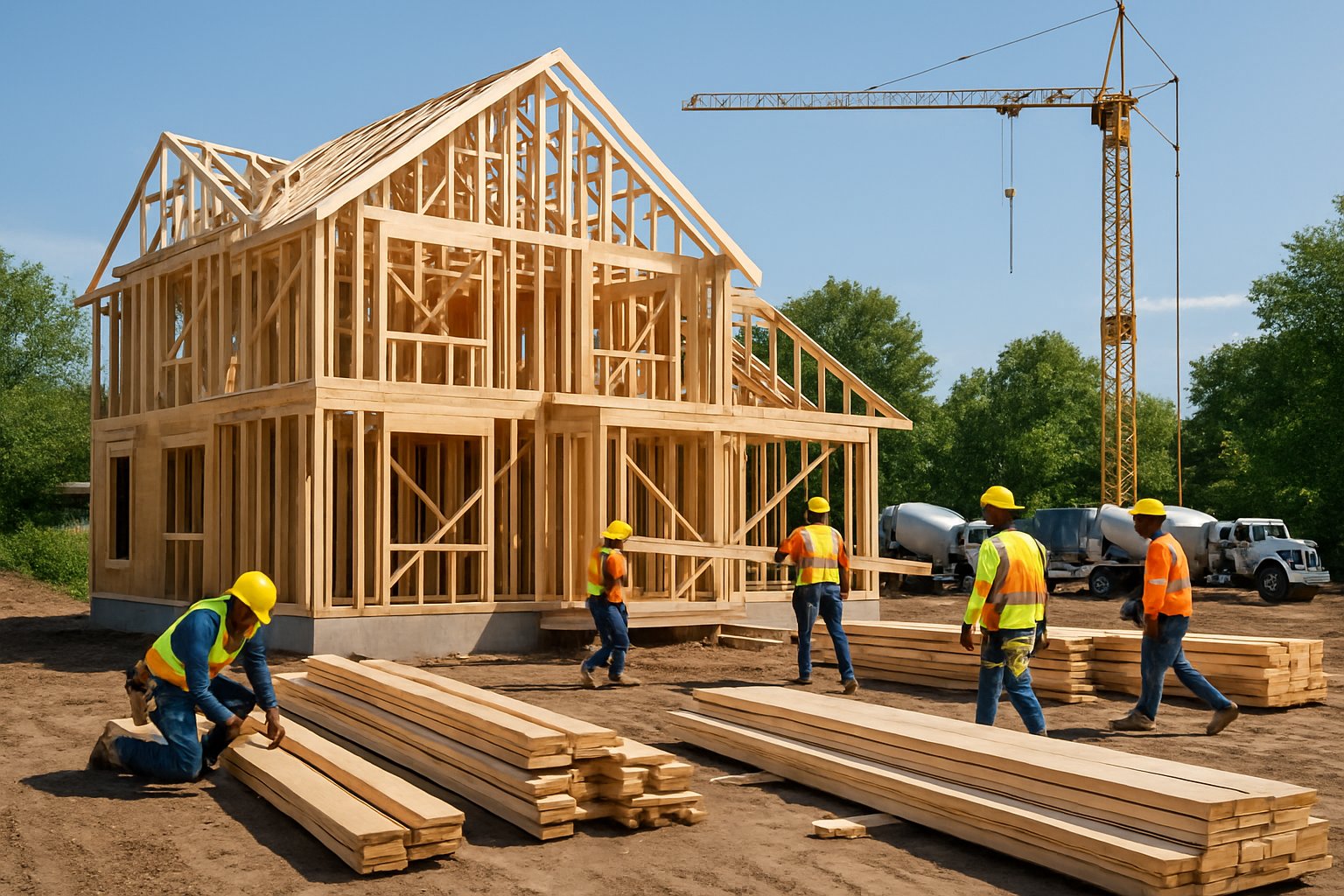 A construction site with workers building a wooden frame house surrounded by construction materials and equipment in a green suburban area.