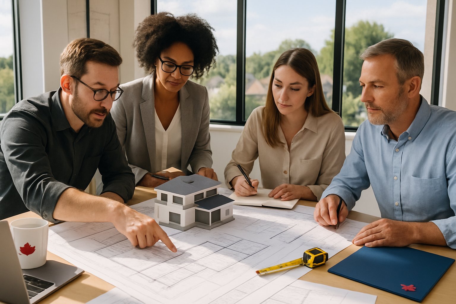 A group of people discussing architectural plans around a table in a bright office with a view of a suburban neighborhood.