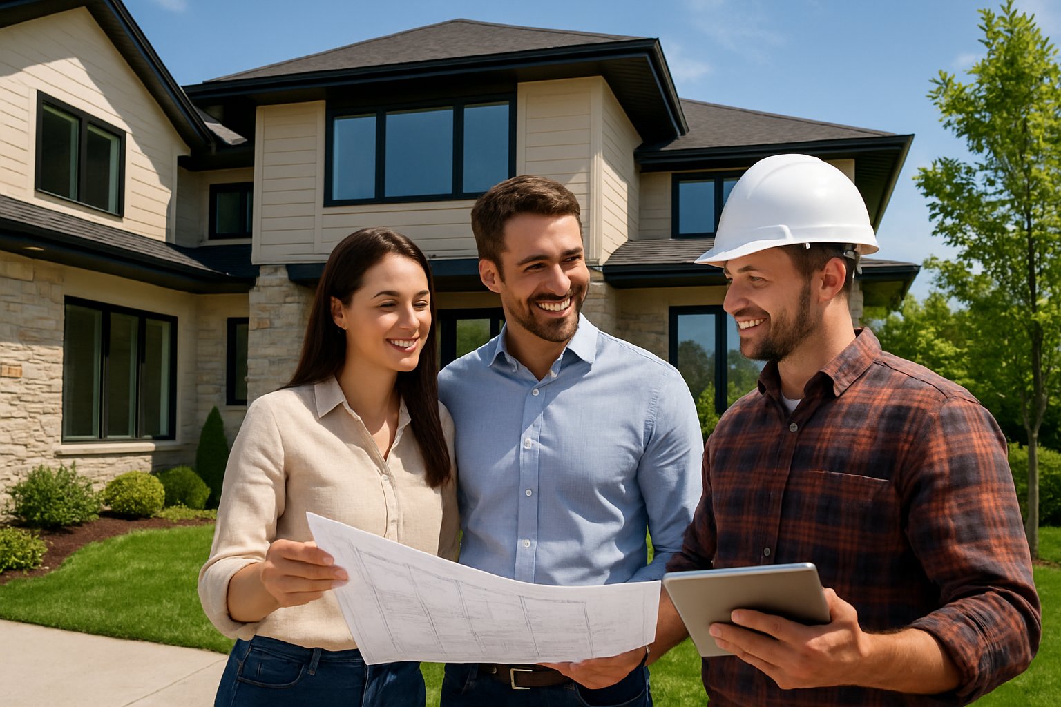 A couple discussing blueprints with a home builder outside a newly built modern house surrounded by greenery.