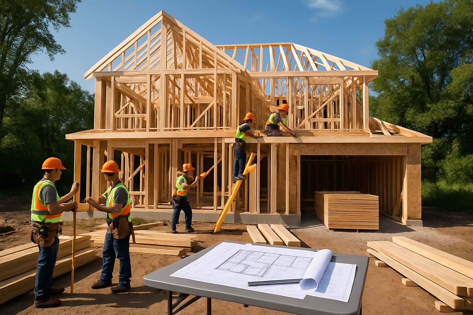 Construction workers building a modern custom home with wooden framing and construction materials at an outdoor site surrounded by trees and clear sky.