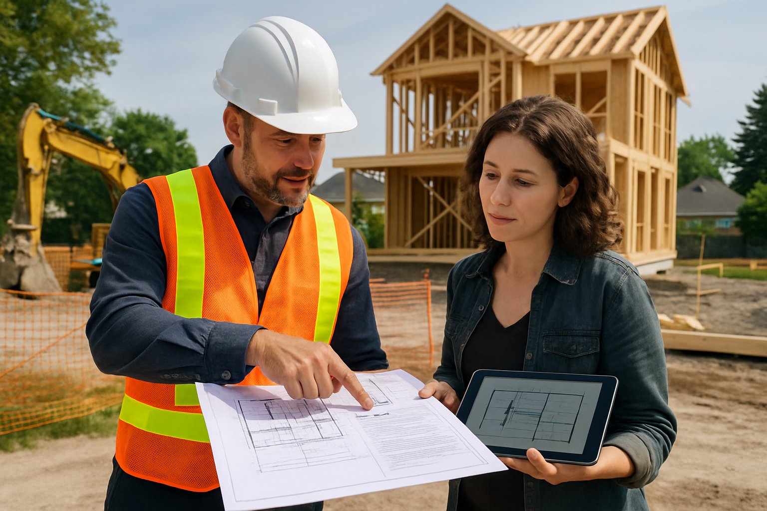 A construction professional and a client reviewing blueprints and permit documents at a custom home construction site with wooden framing in a suburban neighborhood.