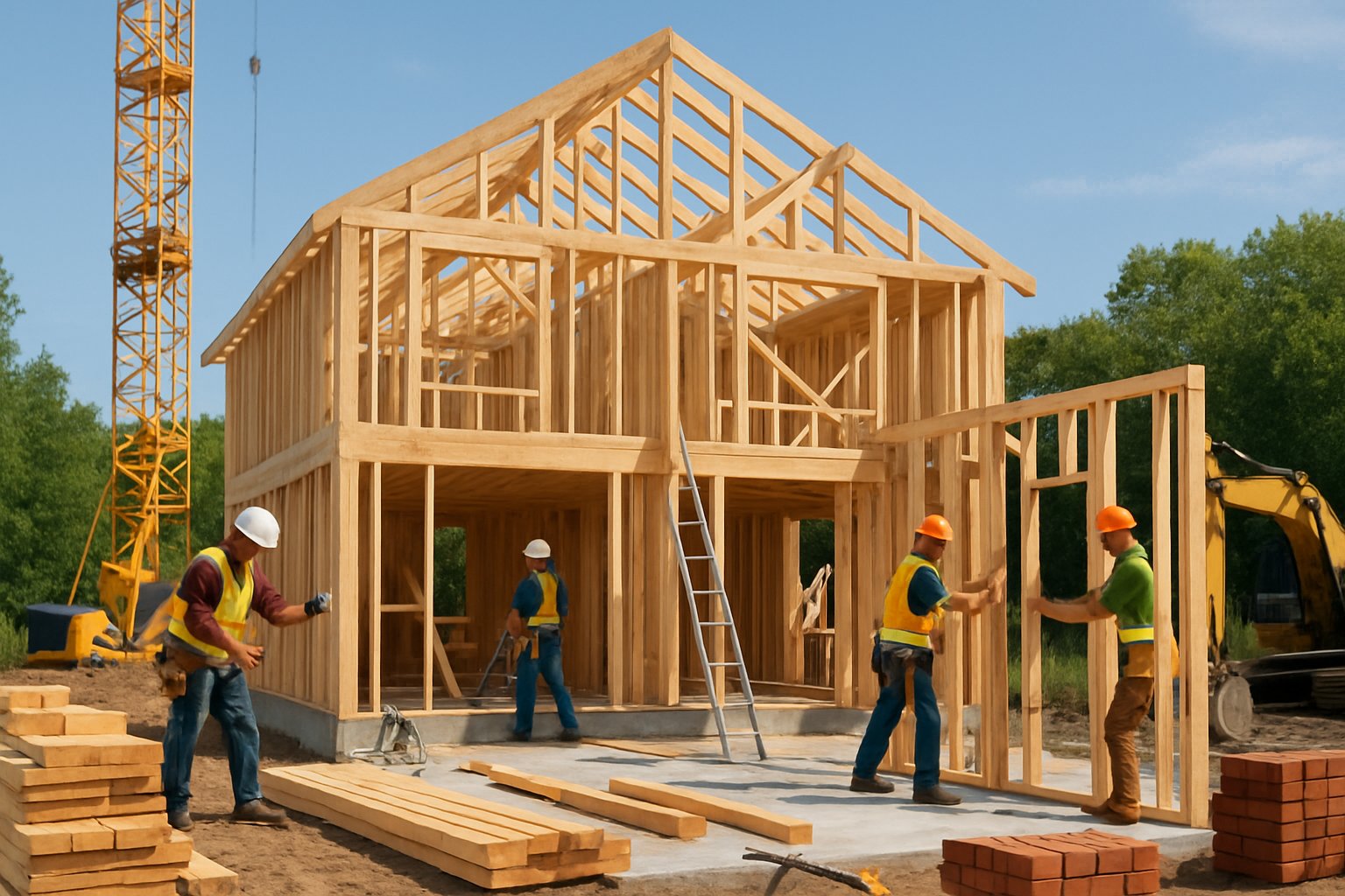 Construction workers building a wooden frame house on a residential construction site surrounded by greenery under a clear sky.