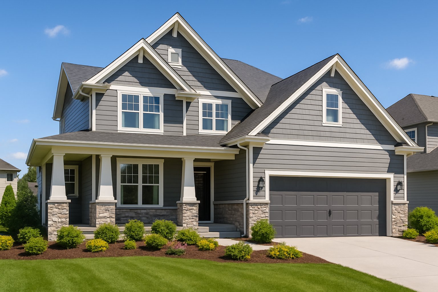 A modern custom home with new siding, stone accents, and landscaping on a sunny day.