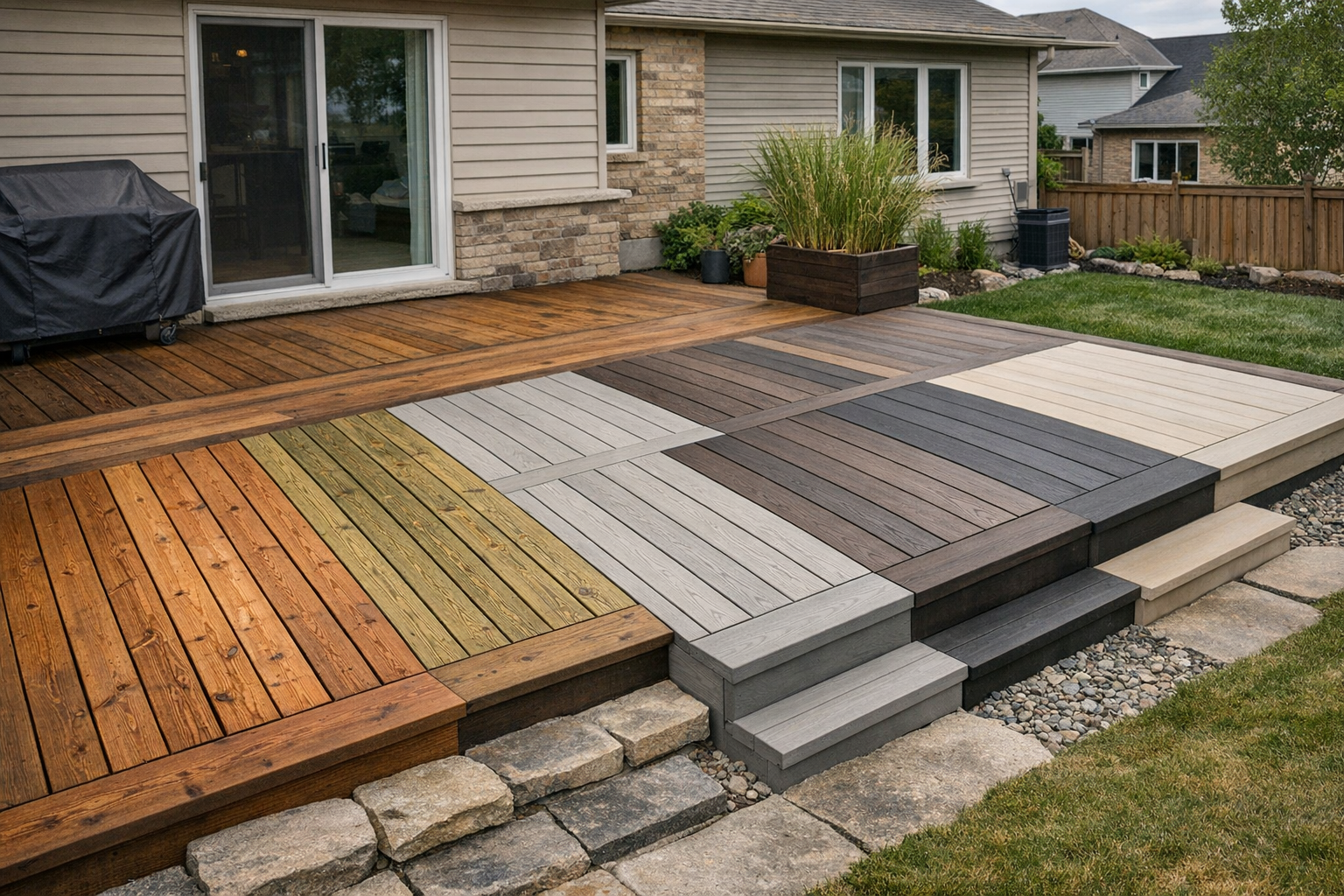 Illustration showing various decking material options for exterior projects
