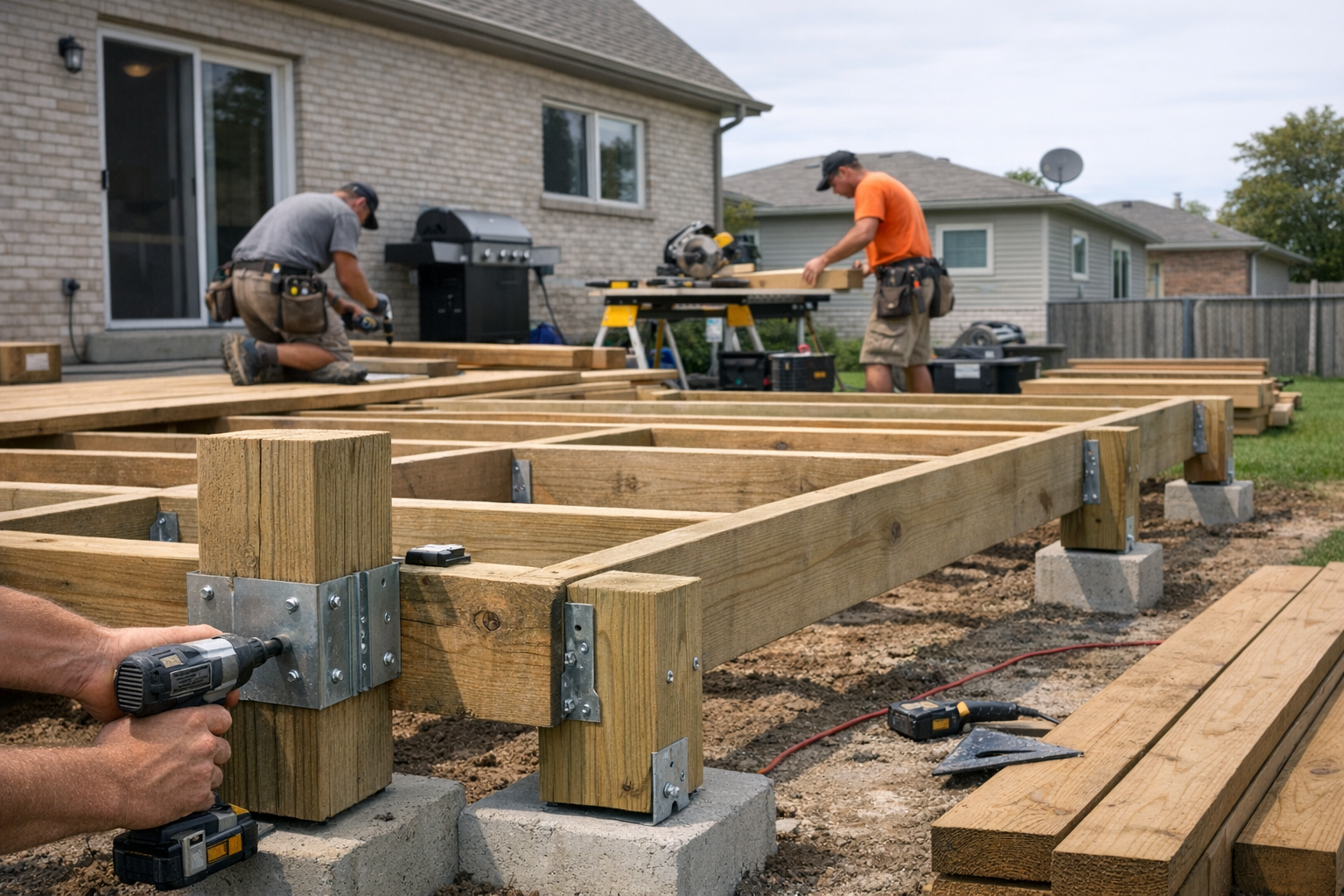 Illustration of deck construction process with tools and wooden planks