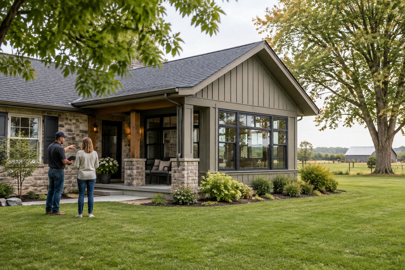 Home addition with large windows, landscaping, and two people outside
