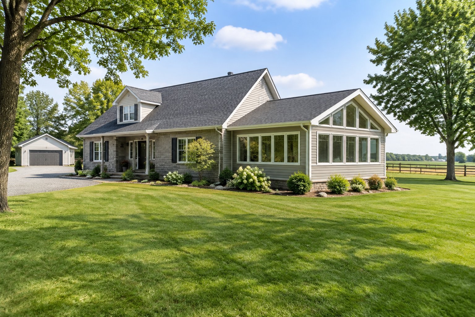 A country home with a spacious new addition on a green property.