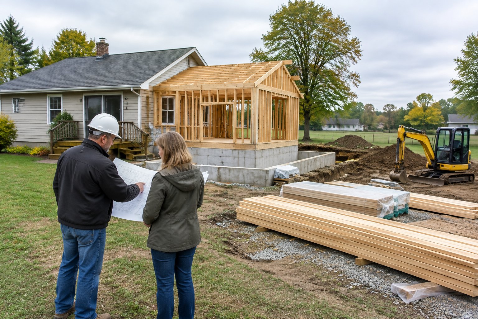 A homeowner and contractor review plans beside a partially built home addition.
