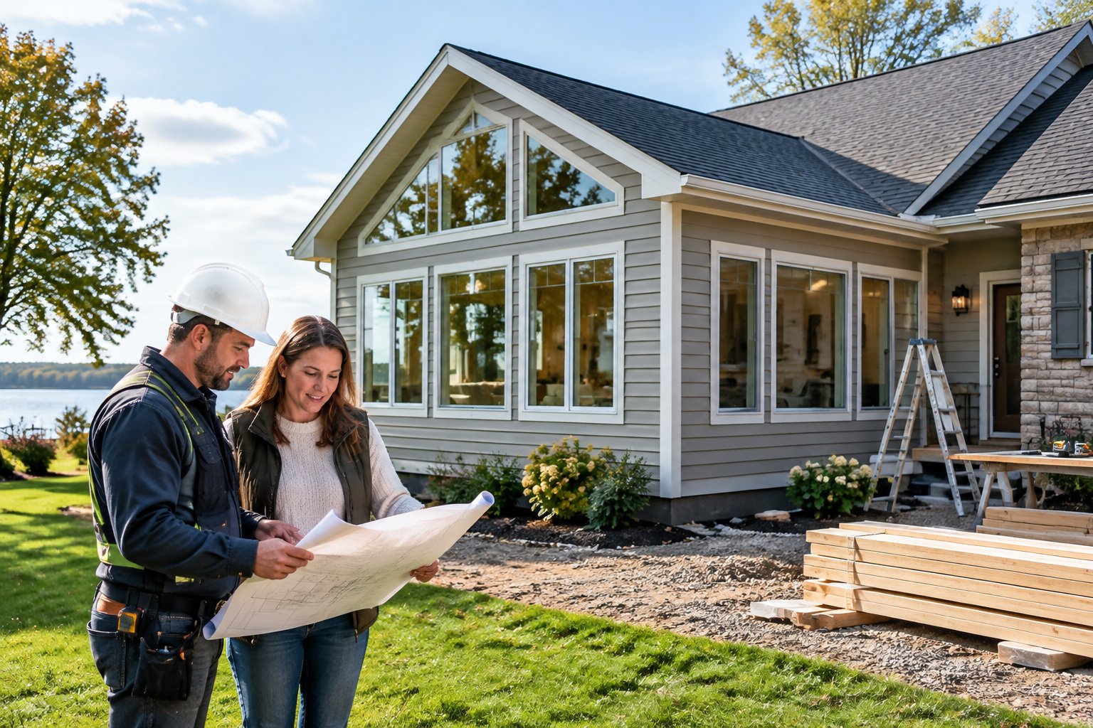 A construction professional reviews plans with a homeowner beside a new home addition.