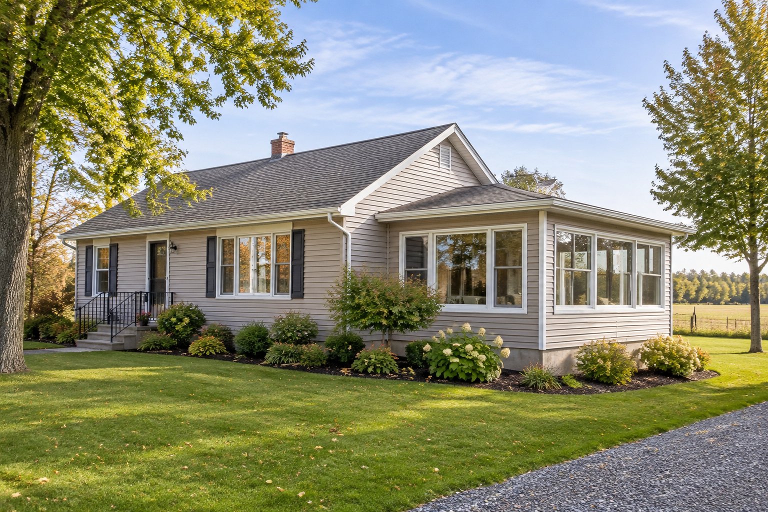 A detached home with a matching new family room addition beside a landscaped yard.