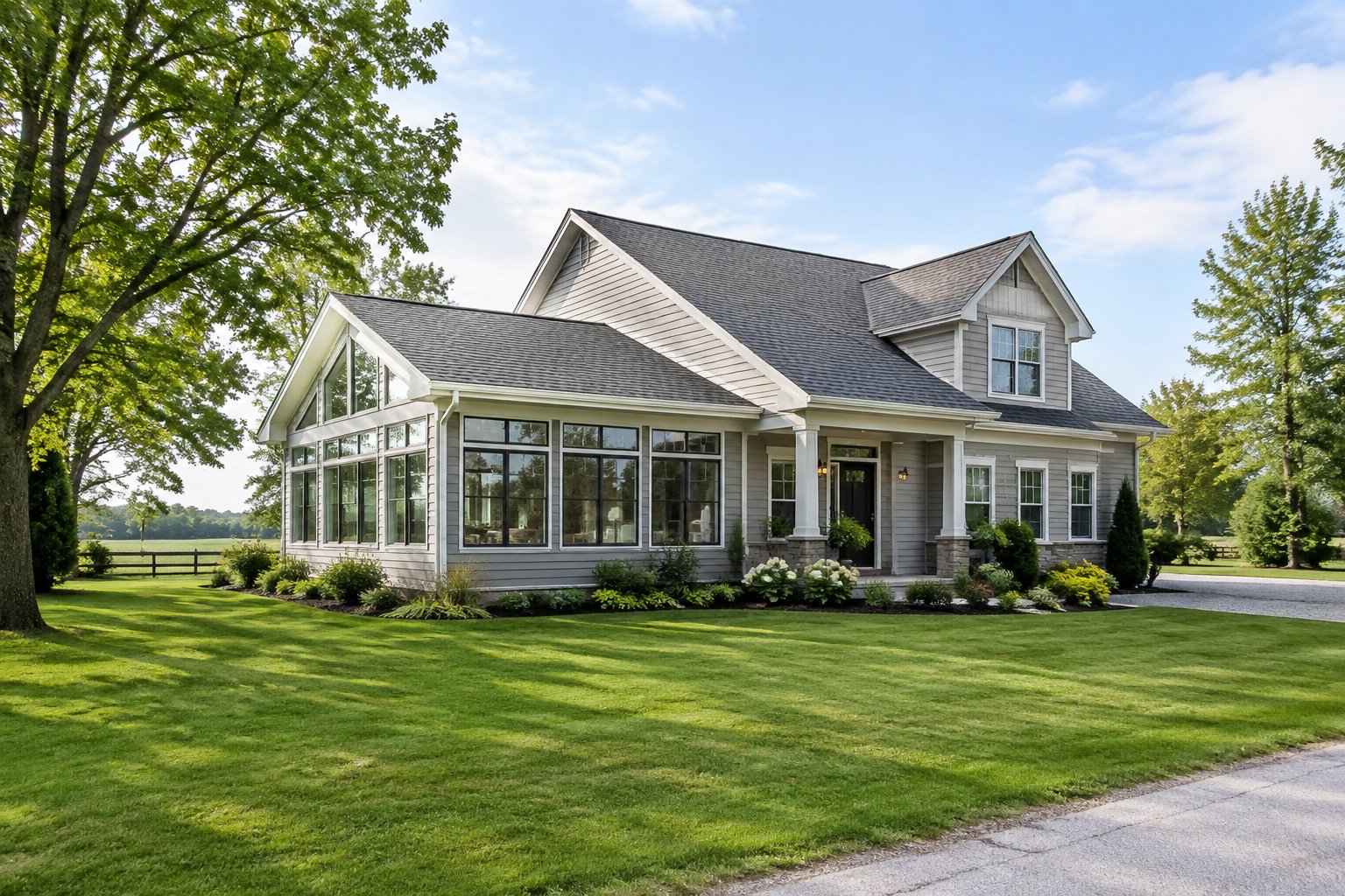 A detached home with a sunroom addition in a leafy rural setting.